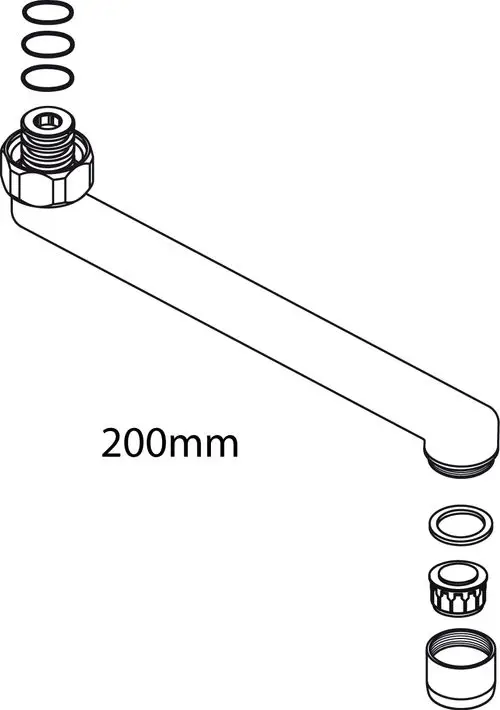 Rohrauslauf von Ideal Standard mit Anschlussstück und Dichtungen, abgewinkelt und 200 mm lang. Ideal für sanitäre Anwendungen.